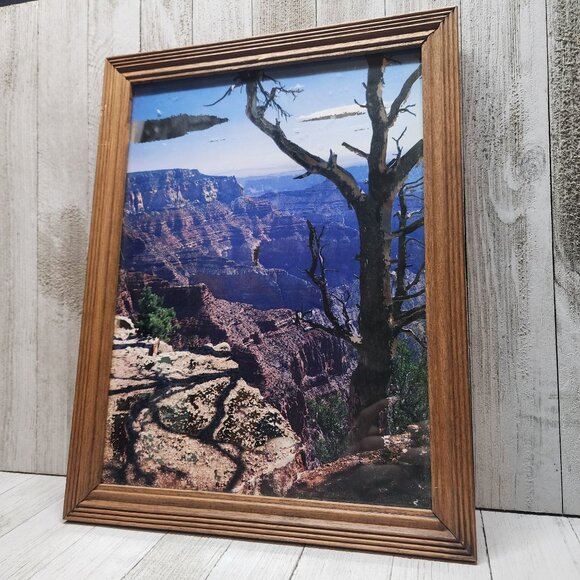 Vtg Framed Mountain Canyon Painted Glass Mirror Art Background 13"x10.5" Korea - Picture 3 of 10